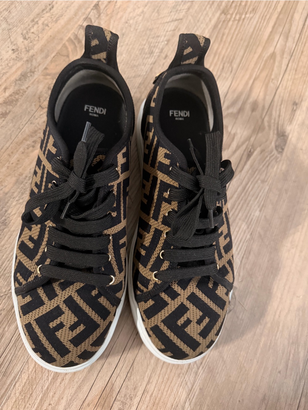 Fendi FF Logo Knit Sneakers | Brown & Black Designer Low Top Shoes | Fendi Roma - Picture 2 of 9